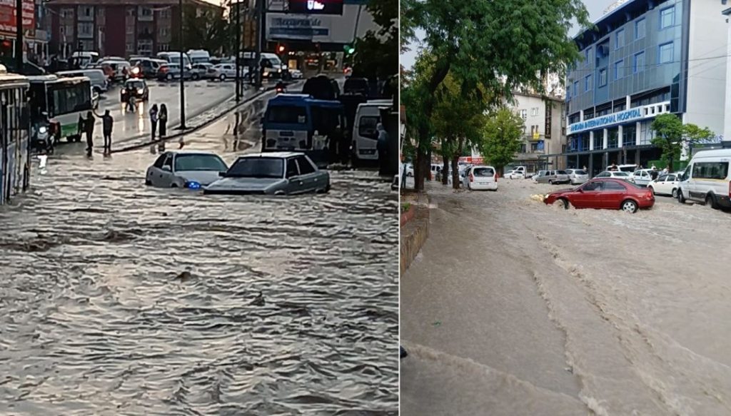 Ankara’da sağanak yağış: Sel arabaları sürükledi